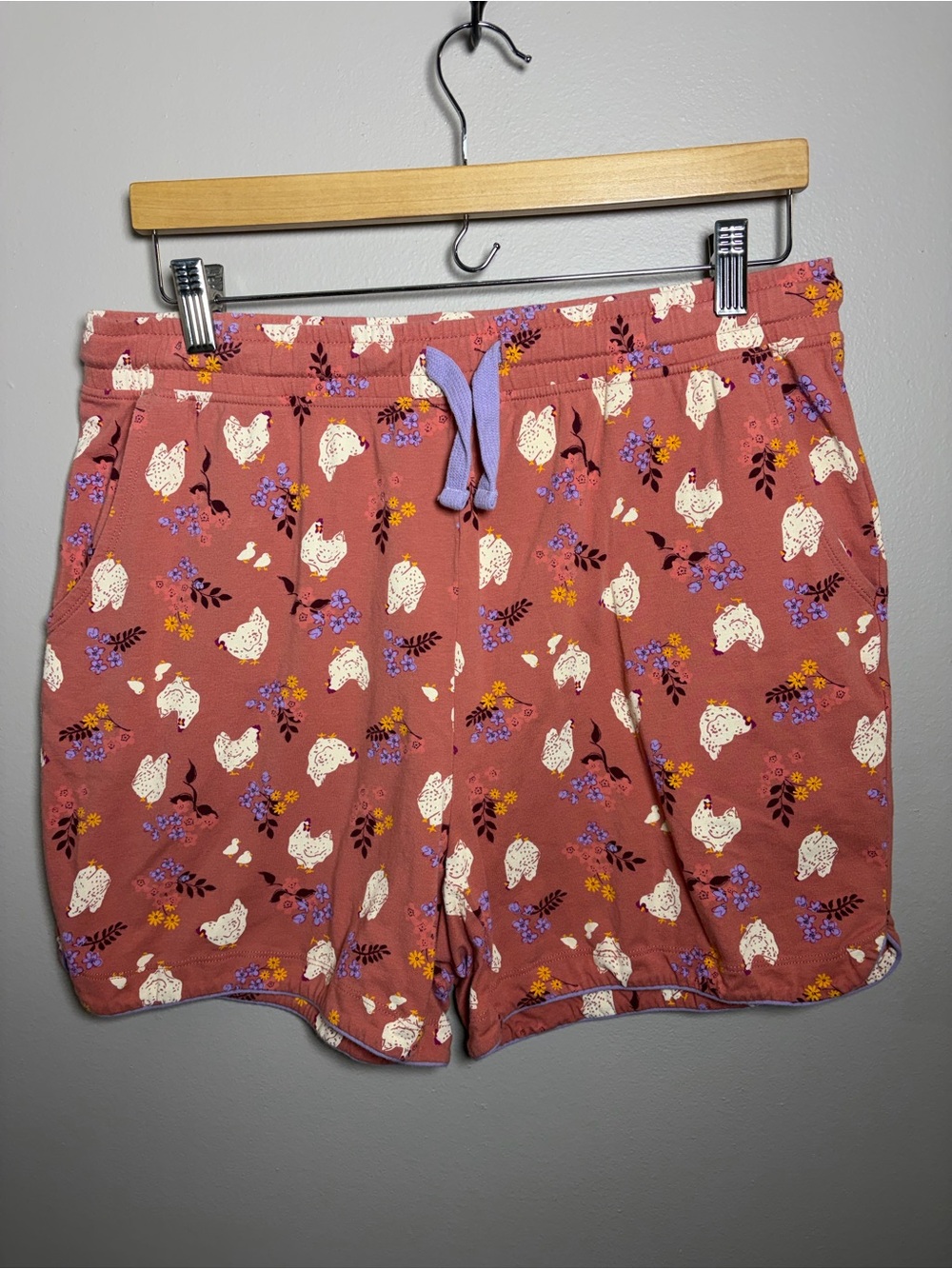 Duluth Trading Co chicken print PJ shorts with pockets